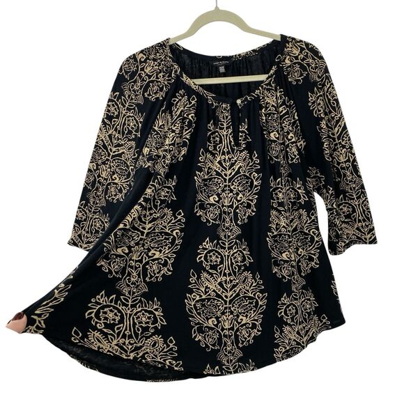 Lucky Brand Womens Tunic Top size 2X Black Tan Floral Paisley Boho Knit Casual - Picture 4 of 12